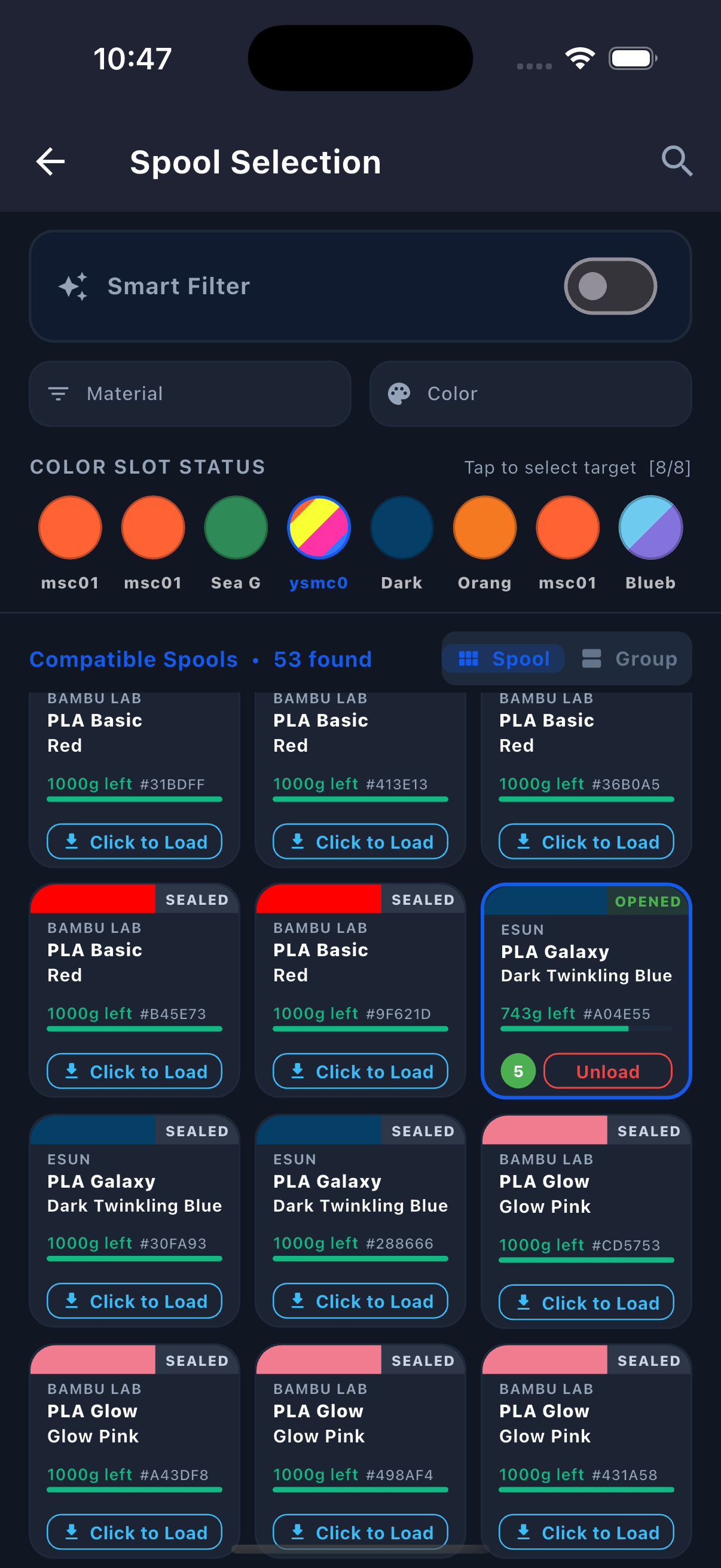 Filament Genius mobile interface for AMS slots and per-spool usage tracking
